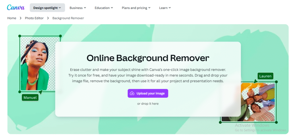 Canva's background remover tool with an example image of a photo with background removed.
