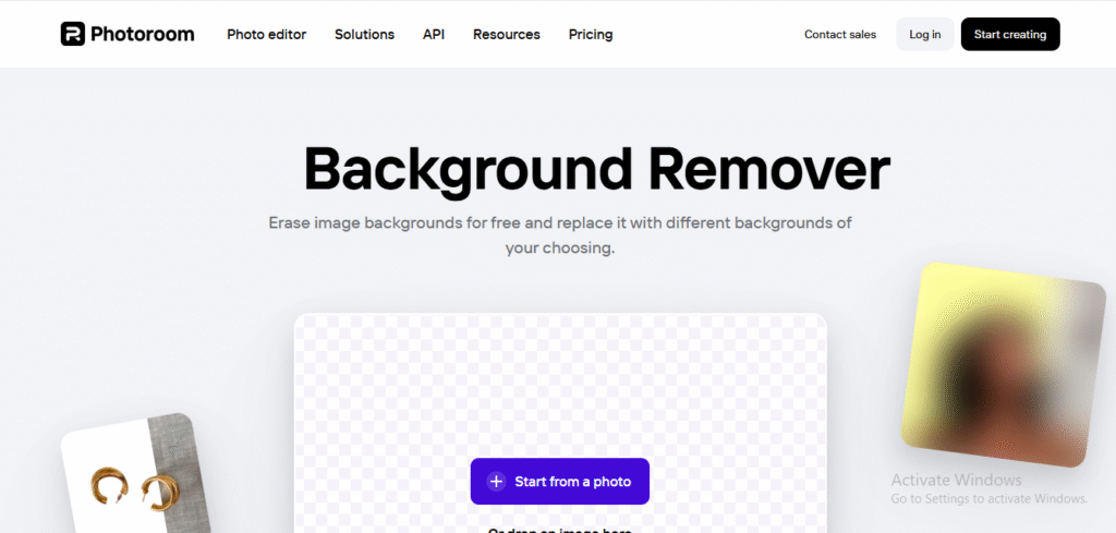 PhotoRoom app interface displaying an image with the background removed and new background added.